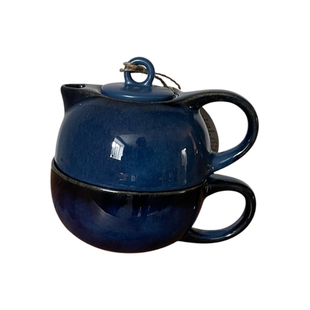Danesco Ch'a Tea Tea For One Set 350 mL Blue Reactive Glaze Stoneware Stackable